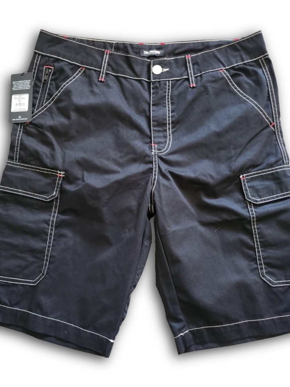 True Religion Contrast Stitch Jet Black Cargo Shorts Size 36